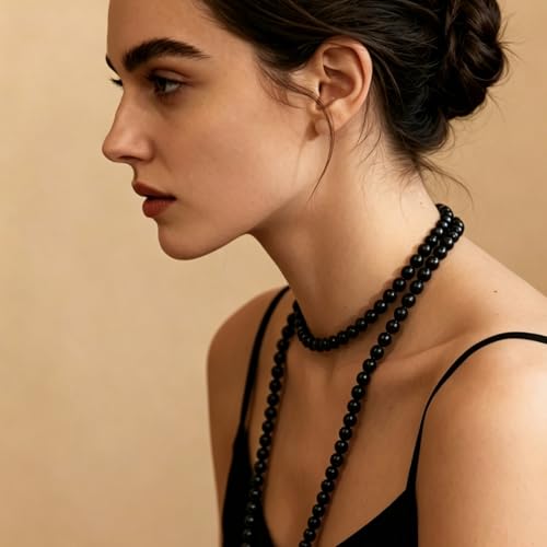 SukAmi 150cm Long Multi Strand Black Crystal Bead Necklace, 8mm Round Smooth Glossy Black Pearl Sweater Chain, Elegant Layered Endless Beaded Necklace Statement Fashion Jewelry for Women for Wedding Party Jewelry Gift
