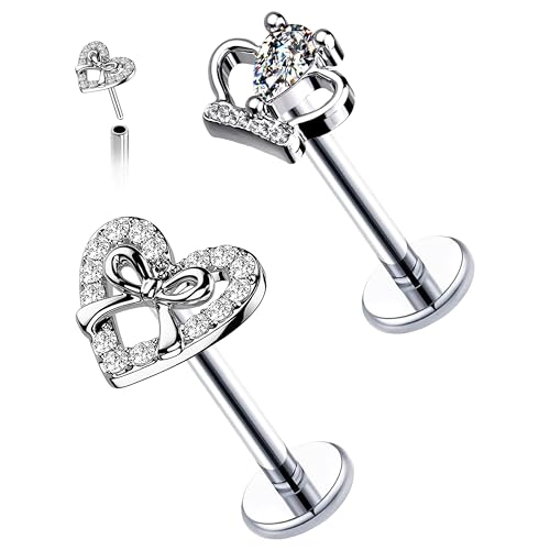 VERAMI 16G Surgical Steel Pushin Lip Rings Butterfly Flower Bee Nose Stud Rings Top Push in Threadless Flat Back Nose Rings Studs Cartilage Earrings for Womens - color: Silver-Crown Heart