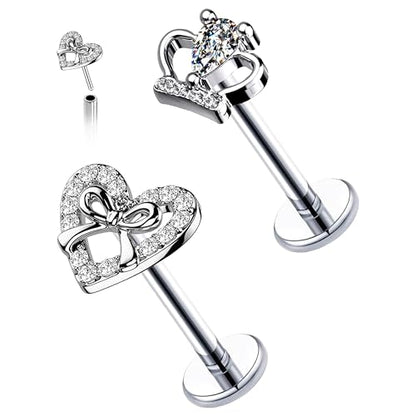VERAMI 16G Surgical Steel Pushin Lip Rings Butterfly Flower Bee Nose Stud Rings Top Push in Threadless Flat Back Nose Rings Studs Cartilage Earrings for Womens - color: Silver-Crown Heart