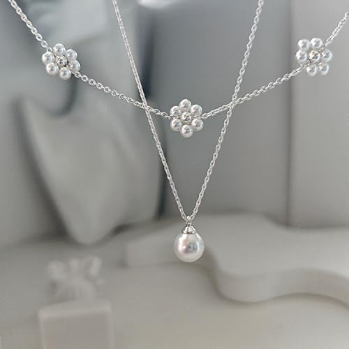 OGD Gold Pearl Necklace Set for Women 14K Plated Layered Daisy Choker Gift - color: 2PCS-Daisy Pearl-Silver