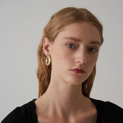 sovesi Chunky Hoop Earrings for Women, 14K Gold Plated Thick Hoops | 5mm Thick Hollow Tube Chunky Lightweight Hypoallergenic Hoop Earrings for Women - style: Gold and Silver 25MM