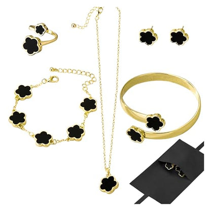 Lucky Flower Alloy Jewelry, Lucky Flower Design Necklace Earrings Bracelet Bangle Ring Jewelry Set, Clover Gold Plated Chain Wrap Ornament & Plush Pouch for Women - color: Black