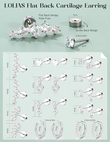 LOLIAS Flat Back Earrings for Women,20G Conch Tragus Helix Piercing Jewelry | Hypoallergenic Cartilage Earring Stacks,Surgical Stainless Steel Earrings for Sensitive Ears,Flatback Stud,Hoop,Earring Set - color: Silver Tone