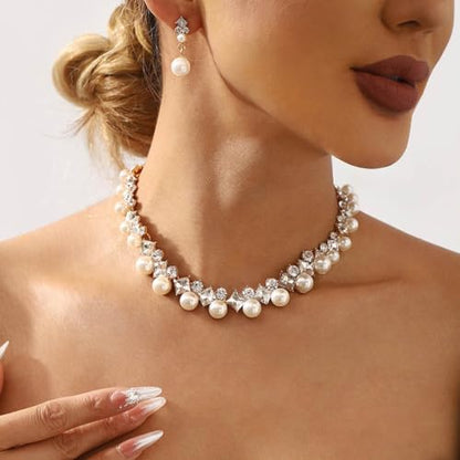 Gangel Rhinestone Necklace Earring Set Faux Pearl Necklace and Dangle Earrings Wedding Bridal Jewelry Crystal Necklaces for Women