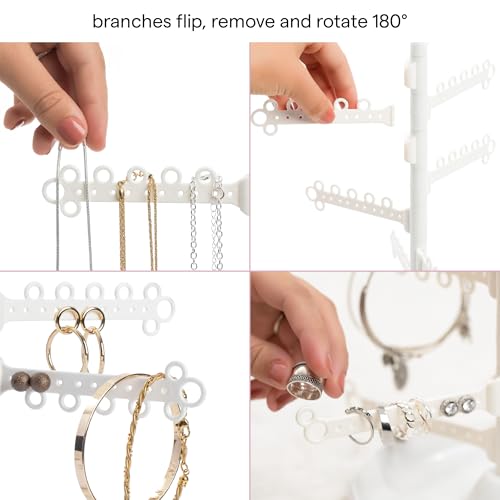 12-Tier Hanging Wall Jewelry Organizer, Earring,Necklace,Ring Holder-White | Large Capacity with 120 Earring Holes, Rotating Branches, genuine 3M Command Strips, Bracelet, Ring & Necklace Storage - color: White 12-Tier