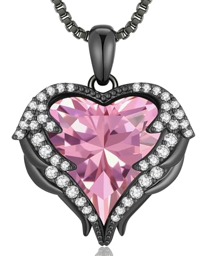 CDE Angel Wings Heart Birthstone Pendant Necklace Gift for Women | Silver/Gold Tone,Ideal Birthday & Anniversary Jewelry Gift for Wife,Girlfriend,Her - color: Black-10-Opal Pink Birthstone