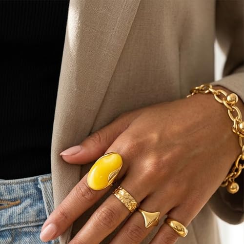 Mchic Colorful Chunky Statement Ring for Women: Boho Large Oval Acrylic Finger Ring Stainless Steel Adjustable Beach Summer Y2K Handmade Jewelry Gift for Women - color: Yellow