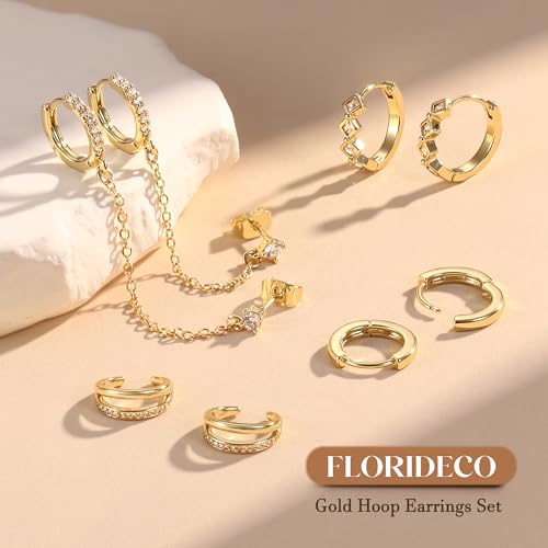 4 Pairs Small Hoop Earrings for Women 14K Gold Plated | Trendy Chain Drop Earrings Set, Hypoallergenic CZ Huggie Hoops, Lightweight Cartilage Earring Stacks - color: 14K Gold Plated-hoop&cuff