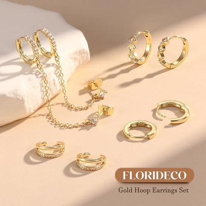4 Pairs Small Hoop Earrings for Women 14K Gold Plated | Trendy Chain Drop Earrings Set, Hypoallergenic CZ Huggie Hoops, Lightweight Cartilage Earring Stacks - color: 14K Gold Plated-hoop&cuff