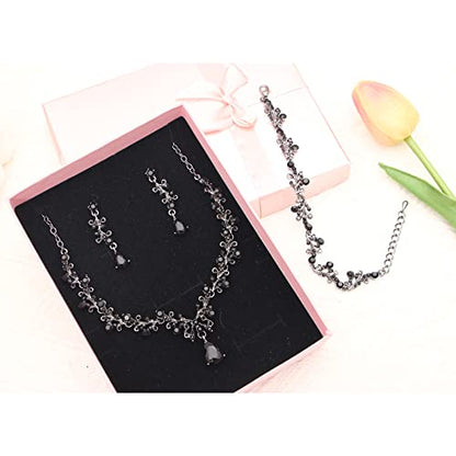 3Pcs Austrian Crystal Jewelry Set for Women, Necklace Dangle Earrings Link Bracelet Jewelry Set with Gold/Platinum/Gun Plated, Wedding Party Jewelry for Bridal Bridesmaid - color: Black-Gun Black