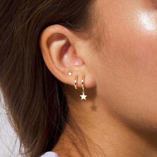 3 Pairs Earring Stacks, Gold Earring Set Jewelry Gift for Women | Small, 14K Gold/White Gold/Black/Rose Gold Plated, Hypoallergenic, Her, Everday, Stackable, Simple, 3 Holes - color: Gold-Star