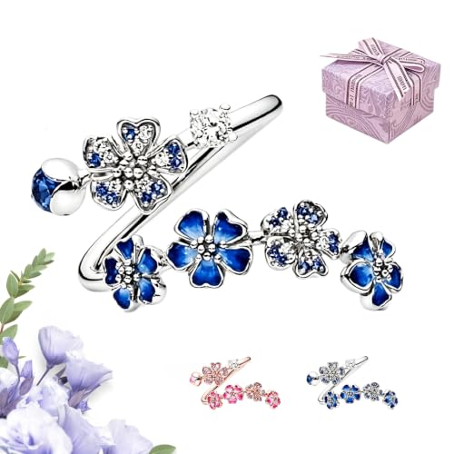 Peach Blossom Ring, Pink Adjustable Flower Open Crystal Rings for Women, Dainty Floral Rings for Vacation, Wedding - color: Blue
