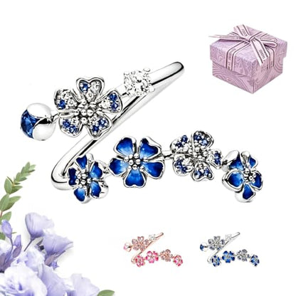 Peach Blossom Ring, Pink Adjustable Flower Open Crystal Rings for Women, Dainty Floral Rings for Vacation, Wedding - color: Blue