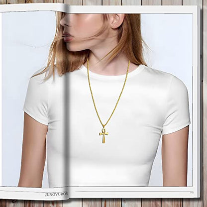 JUNOVUROS 18 to 28 Inches Rolo Chain Ancient Ankh Cross Pendant Necklace for Men Women Boys Girls 316L Stainless Steel with Large And Medium Sizes - color: A-Gold/Size: 1.77 '' * 0.98 ", style: 28 Inches