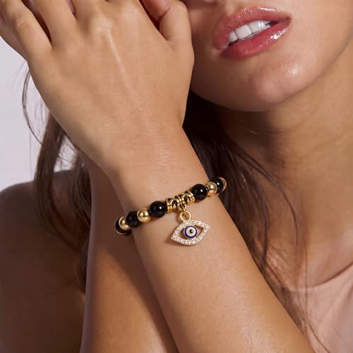 Fesciory Evil Eye Bracelet for Women, Gold Plated Adjustable Chain Jewelry | Blue Evil Eye Charm Bracelet, Lucky Amulet Symbolism, Dainty Adjustable Chain, Daily wear, Jewelry gifts - color: Black-1