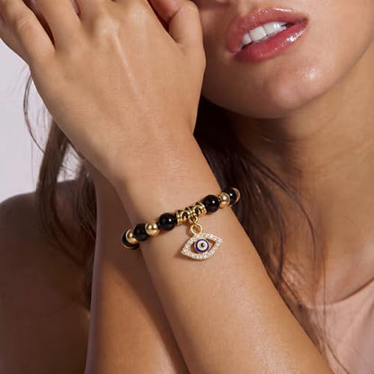 Fesciory Evil Eye Bracelet for Women, Gold Plated Adjustable Chain Jewelry | Blue Evil Eye Charm Bracelet, Lucky Amulet Symbolism, Dainty Adjustable Chain, Daily wear, Jewelry gifts - color: Black-1