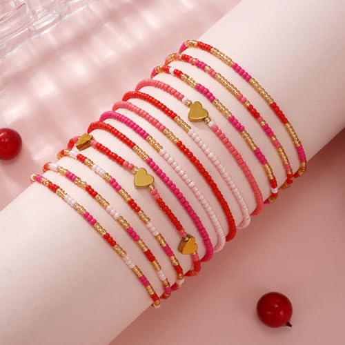 Gold Beaded Bracelets Stack for Women Stocking Stuffers 12PCS Boho Gold Plated Seed Beads Bracelet Stretch Star Stackable Accessories Jewelry Friendship Fall Christmas Gifts for Women - color: Heart Pink