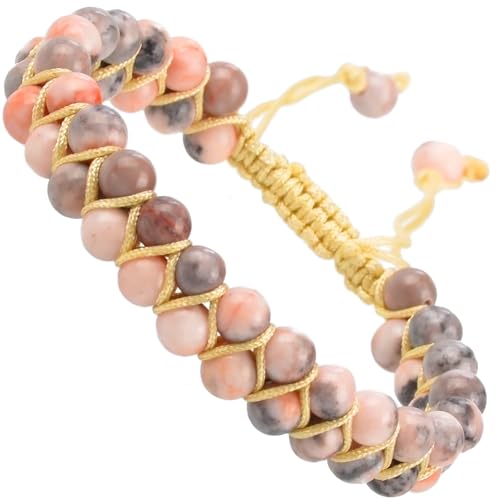 MASSIVE BEADS Double Layer Natural Chakra Healing Power Crystals Macrame Bracelet Yoga Stone Beads Gemstone Meditation Relax Anxiety Bangle for Unisex Women Men - color: Pink Zebra Jasper, size: 6mm