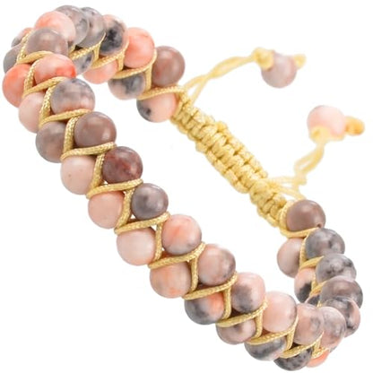 MASSIVE BEADS Double Layer Natural Chakra Healing Power Crystals Macrame Bracelet Yoga Stone Beads Gemstone Meditation Relax Anxiety Bangle for Unisex Women Men - color: Pink Zebra Jasper, size: 6mm