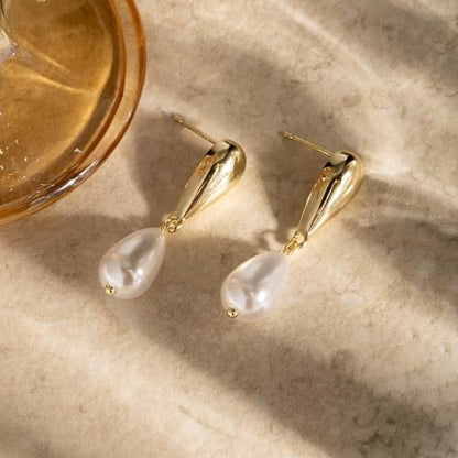 LLWOM Earrings for Women - 14K Gold Plated CZ Teardrop Dangle Earrings | Dangling Earrings for Women Trendy, Hypoallergenic Jewelry Gift for Wedding/Party/Prom/Daily, Elegant Drop Earring Stud - color: Gold Pearl Teardrop