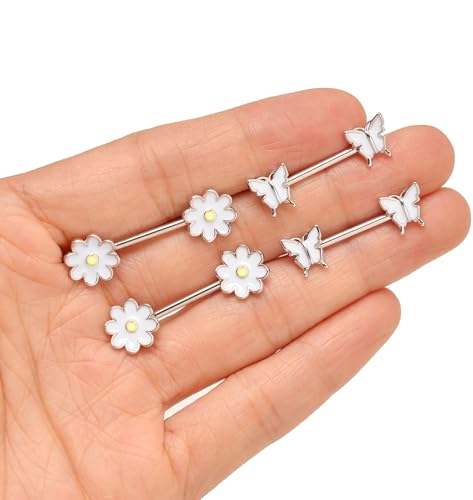 9 Pairs Nipple Rings Stainless Steel Heart Butterfly Moon Flower CZ Barbell Tongue Rings Set Cute Nipplerings Piercing Jewelry for Women Pink Silver Tone - color: B: Silver Tone