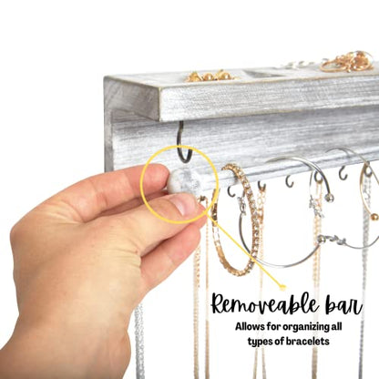 Rustic White Necklace Jewelry Organizer - Wall Mount Jewelry Holder - Mounted Hanging Jewelry Storage Hooks for Necklace, Earrings, and Rings - Farmhouse Wood Decor Bedroom Boho Shelf Rack - style: Rustic - Gray