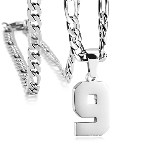 Personalized Number Necklaces for Mens,Stainless Steel Number Pendant Chain | Athletes Jersey Number Necklace;Baseball Basketball Football Sport Teams;Birthday Graduate Gift;Womens Mens Player - color: Silver, style: 9 Silver