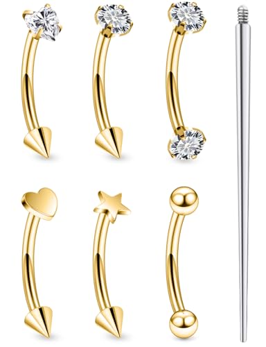 16G Eyebrow Ring Piercing Jewelry Surgical Steel Internal Thread CZ Heart Star Vertical Labret Lip Ring Rook Daith Earrings Belly Button Ring Piercing Jewelry for Women Silver Black Gold - color: Gold, size: 16G, 8mm Length, 3mm CZ