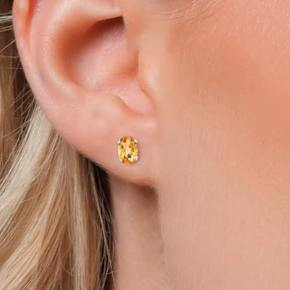 Gem Stone King Oval Gemstone Birthstone Stud Earrings for Women Men | Oval Cut 7X5MM | Fine Jewelry Gifts for Mom Dad Wife Him Her - style: Citrine-Checkerboard, November