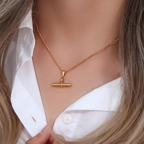 Ailiessy T-Bar Necklace Stainless Steel T-Bar Pendant Necklace for Women Minimalist Jewelry Length 45cm+5cm Chain