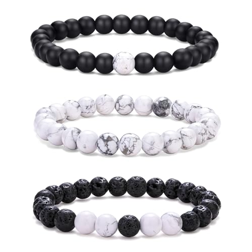 Mens Bead Bracelet Set - Adjustable Elastic Rope With 6&8MM Natural Stone Multi-Colored Beads - Tiger Eye Bracelets for Men - Gift - style: 3,white,black bracelet