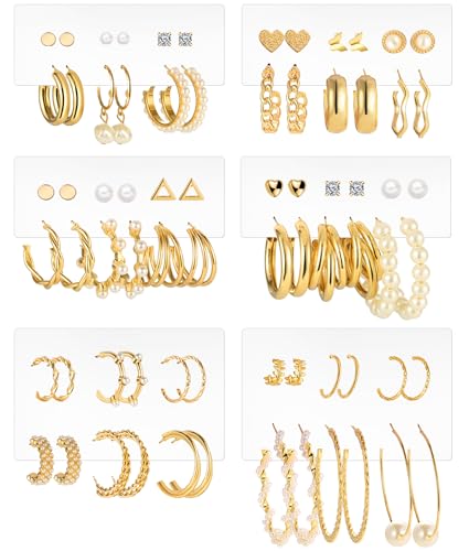 84 Pairs Gold Stud Earrings Set for Women Multipack, Fashion Pearl Cubic Zirconia Butterfly Earrings Packs Piercings, Hypoallergenic Stud Hoops Earrings for Gift - color: Style09-gold