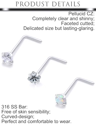 Hoeudjo Opal Nose Studs Surgical Steel Nose Rings Studs Cubic Zirconia L Shaped Nose Piercing Jewelry for Women 20G 18G - color: L-shape nose studs,18g