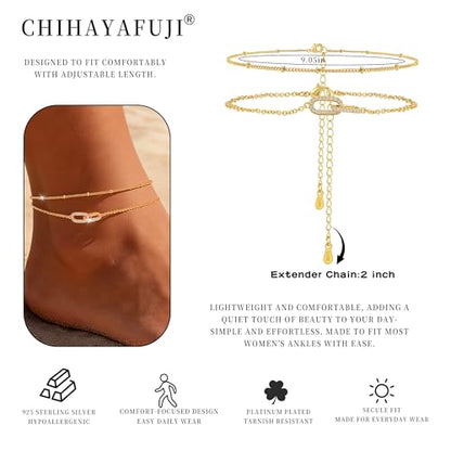 Sterling Silver Ankle Bracelets for Women 14k Gold Plated Waterproof Layered Stackable Bead Chain Infinity Charm Non Tarnish Large Adjustable Summer Party Beach Jewelry Gift - color: goldB