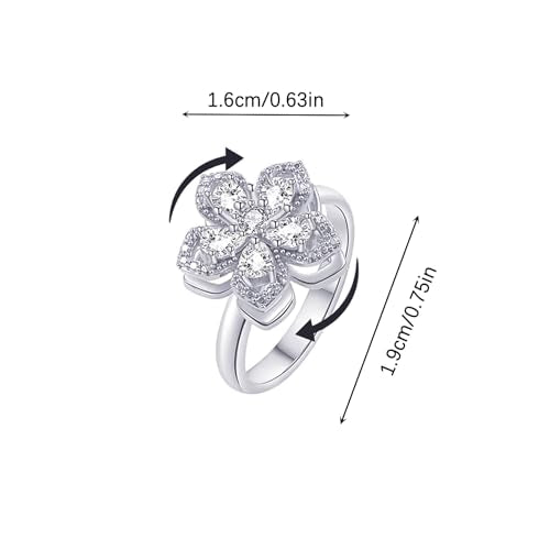 Sunflower Fidget Ring for Women Gold Anxiety Crystal Rings Cubic Zirconia Sunflower Open Adjustable Fidget Ring Spinner Sun Ring for Men Trendy Jewelry - color: Silver White