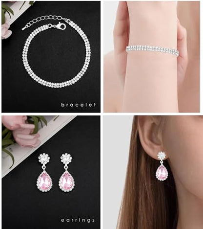 Elegant Silver Crystal Wedding Necklace Earrings Bracelet Jewelry Set for Women Brides Bridesmaids Prom Party Costume Accessory Bridal Jewelry - color: silver-pink