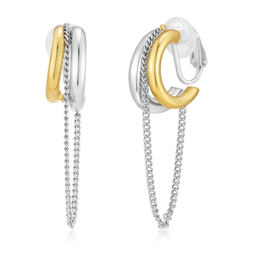 Two-Tone Chain Drop Clip-On Earrings Drop Clip On Earrings for Women No Piercings Statement Gold and Silver Studs Modern Jewelry