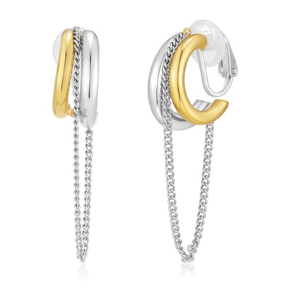 Two-Tone Chain Drop Clip-On Earrings Drop Clip On Earrings for Women No Piercings Statement Gold and Silver Studs Modern Jewelry