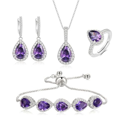 Crysdue Wedding Bridal Teardrop CZ Pendant Necklace Open Ring Dangle Earrings Adjustable Slider Bracelet Jewelry Set, Birthday Mothers Day Christmas Jewellery Gift for Women/Mom/Wife - style: 01-Teardrop Purple Silver-Tone