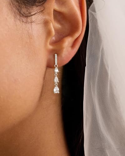 14K Gold Plated/Sterling Silver CZ Pearl Drop Dangle Earrings for Women - color: Silver-Long CZ