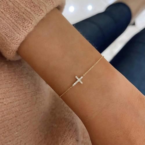 Gold Bracelets for Women:Dainty Cross Christian Bracelets Gold Jewelry | 14K Gold Plated Cross Bracelets for Women,Adjustable Cute Christian Cross Chain Bracelet,Non Tarnish Jewelry Baptism Gifts