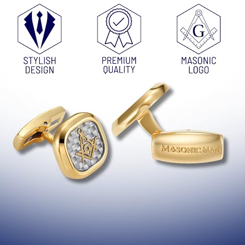 MasonicMan Men’s Two Tone Stainless Steel Cufflinks with Carbon Fiber and Masonic Logo and Gift Pouch