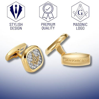 MasonicMan Men’s Two Tone Stainless Steel Cufflinks with Carbon Fiber and Masonic Logo and Gift Pouch