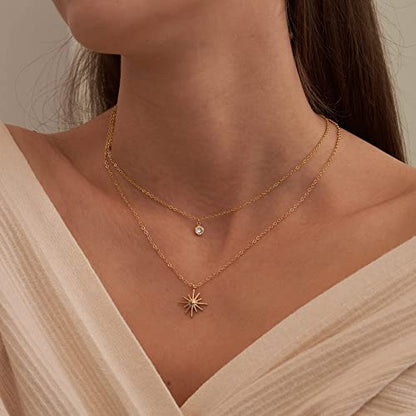 NECOCY Layered Gold Necklaces for Women Dainty Chokers Necklace Silmple Stackable Cubic Zirconia Necklace Non Tarnish Vacation Jewelry Trendy Gifts for Women - style: Layered chain CZ Sun