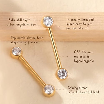 AROWRO Nipple Piercing Jewelry Nipple Rings Titanium Nipple Rings Implant Grade Hypoallergenic 14G Internally Threaded Straight Barbells with Cubic Zirconia Opal Gold Silver Rose Gold Black 12mm 14mm 16mm 18mm 20mm - color: Gold+Clear CZ