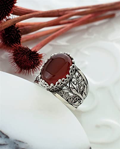 Filigranist 925 Sterling Silver Filigree Art Lace Embroidery Tulip Detailed Gemstone Women Cocktail Ring, Luxurious Gift Boxed - color: Carnelian