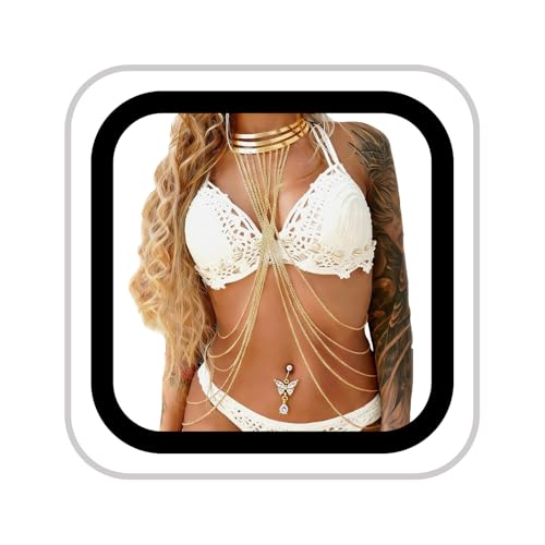 Multi-Layer Body Chain and Fashionable Navel Stud Set, Golden Shoulder Strap, Women's Body Jewelry, Suitable for Beach and Party Occasions