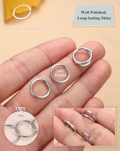 BodyBonita 3pcs Nose Rings Hoops - Double Hoop Nose Ring 14/16/18/20G Hinged CZ Piercing Jewelry Septum Clicker Rings Cartilage Earring Helix Rook Tragus Daith 7mm/8mm/9mm/10mm - color: Silver, size: 14 gauge(1.6mm)-10mm