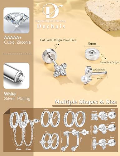 Gold Earrings for Women Flat Back Earrings Hypoallergenic Earring Stacks | 14K Gold Plated Surgical Stainless Steel Earring Set Chain Cartilage Earrings - Helix Piercing Jewelry for Women Trendy Gold - color: Silver 2