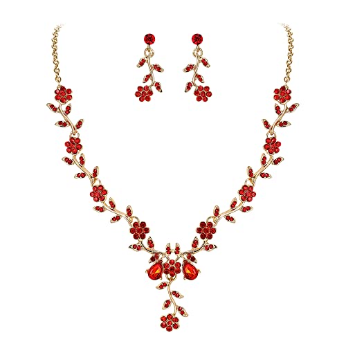 Women's Wedding Jewelry Set for Bride,Prom Bridal Accessories | Bling Crystal,Flower Leaf Cluster,Dangle Earrings Pendant Necklace Set,for Bridesmaid,Party Jewellery - color: 04-Ruby Color Gold-Plated-Base